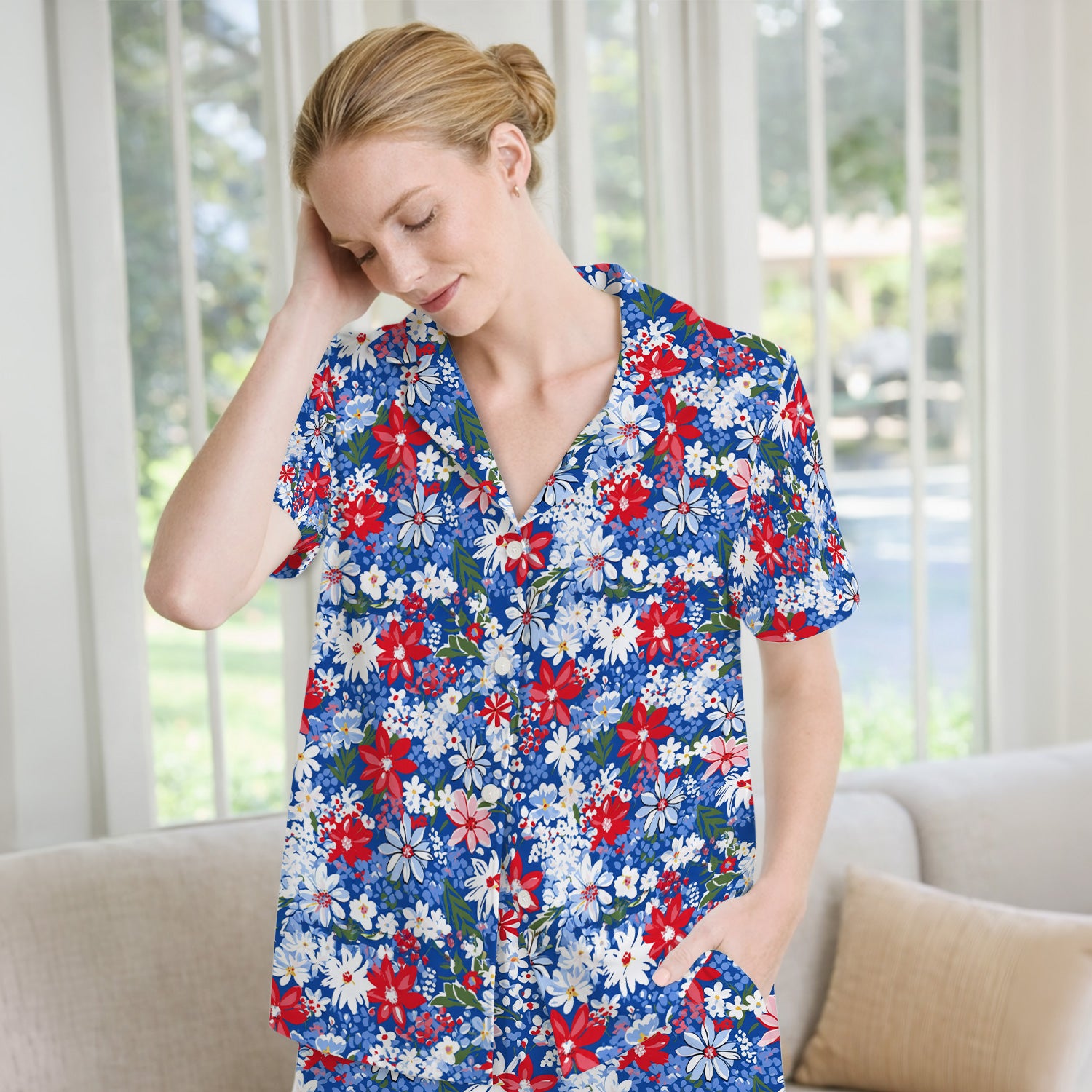 Patriotic Red White Blue Floral Garden Print Pajama Set, Soft Breathable Fabric Comfortable Sleepwear