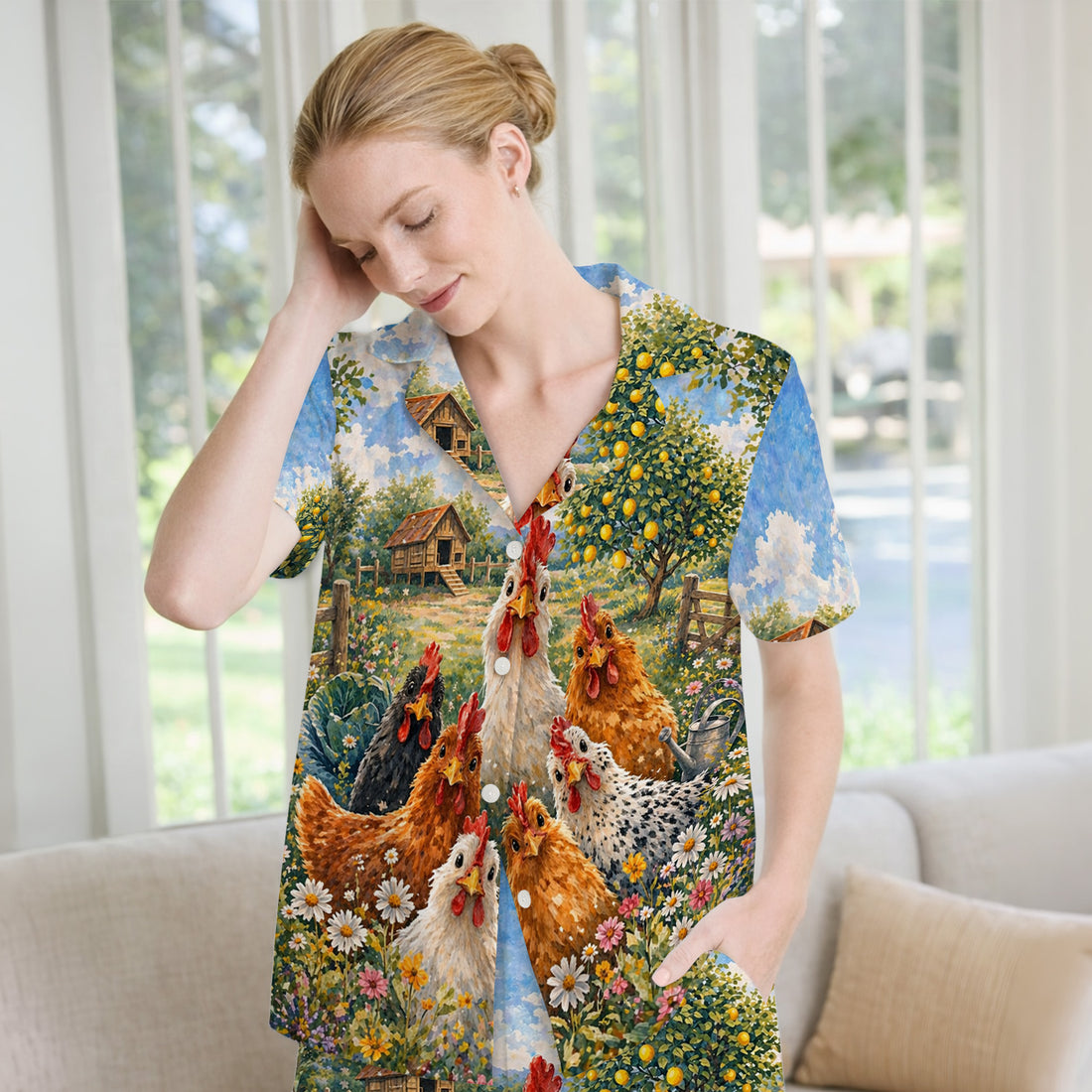 Rustic Chicken Family Farm Garden Pattern Nurse Pajama Set, Soft Breathable Fabric Comfortable Sleepwear