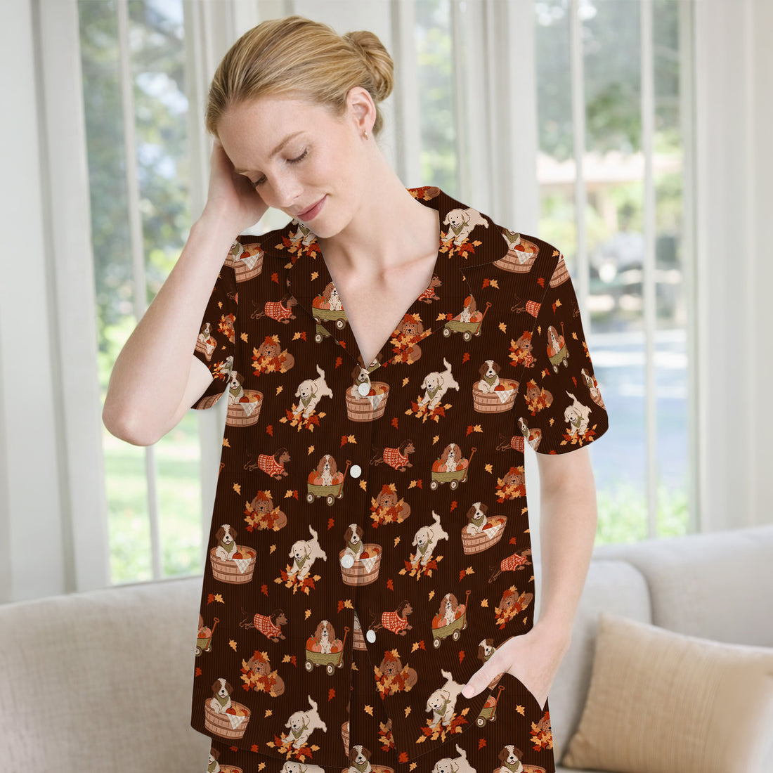 Cute Autumn Dogs And Falling Leaves Pajama Set, Soft Breathable Fabric Comfortable Sleepwear