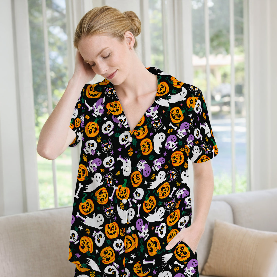 Spooky Pumpkin Ghost Print Pajama Set, Soft Breathable Fabric Comfortable Sleepwear