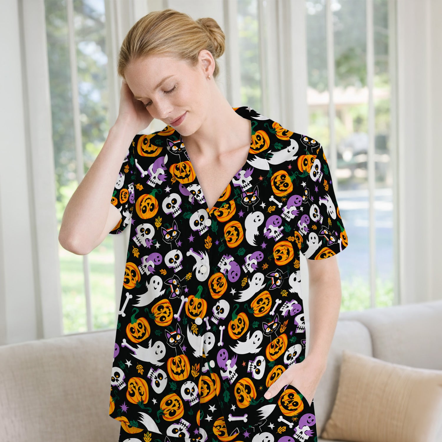 Spooky Pumpkin Ghost Print Pajama Set, Soft Breathable Fabric Comfortable Sleepwear