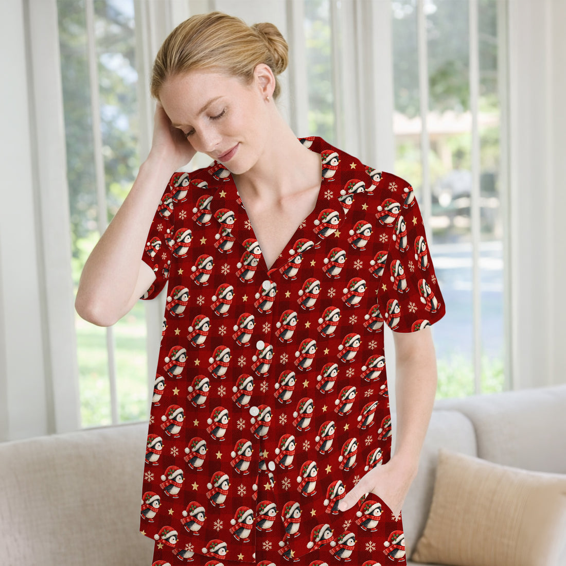 Cute Christmas Ice Skating Penguin Pajama Set, Soft Breathable Fabric Comfortable Sleepwear