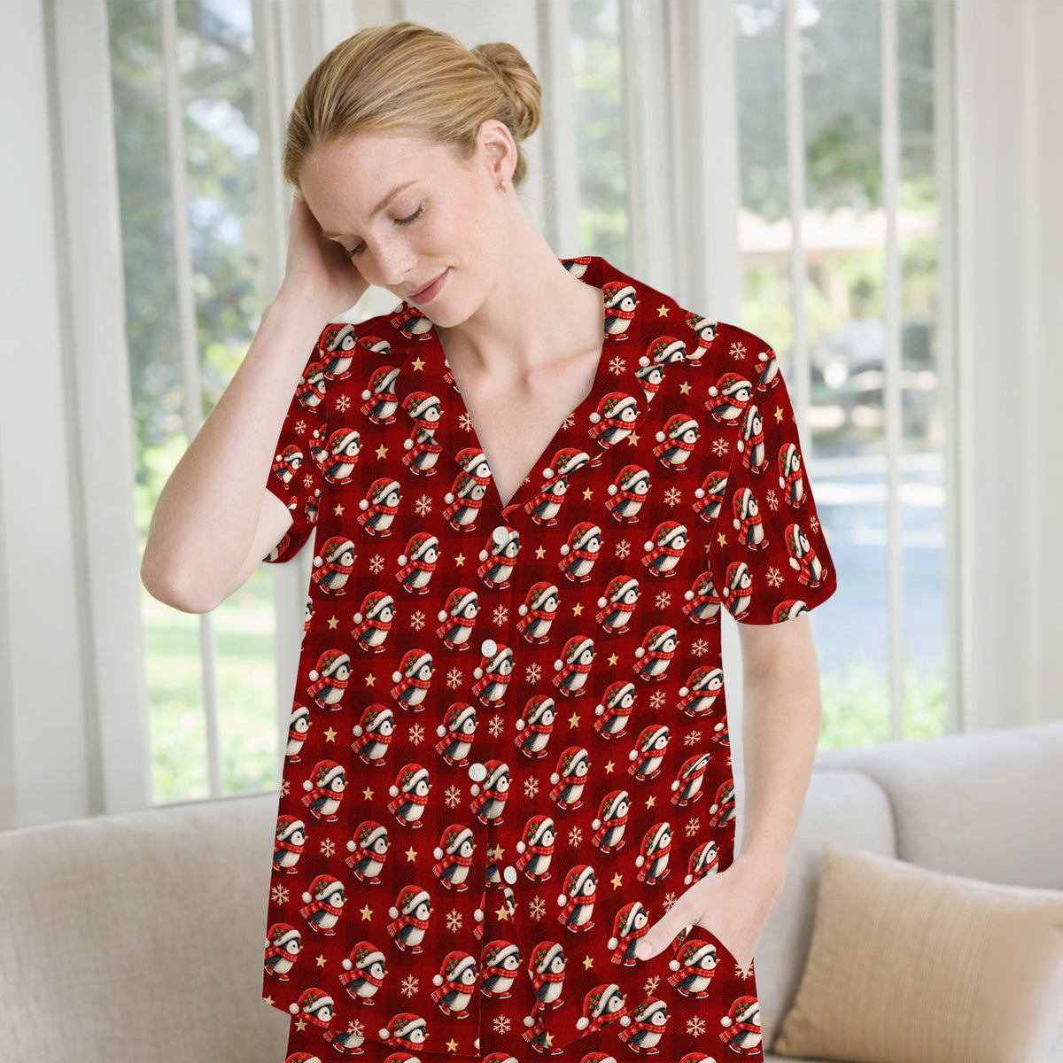 Cute Christmas Ice Skating Penguin Pajama Set, Soft Breathable Fabric Comfortable Sleepwear