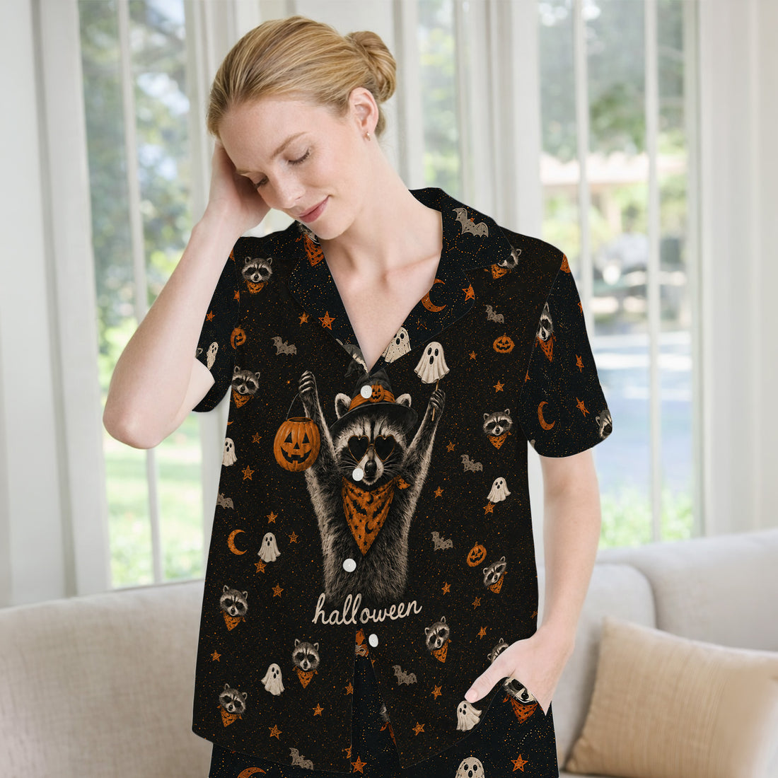 Ghost Pumpkin Raccoon Pattern Pajama Set, Soft Breathable Fabric Comfortable Sleepwear