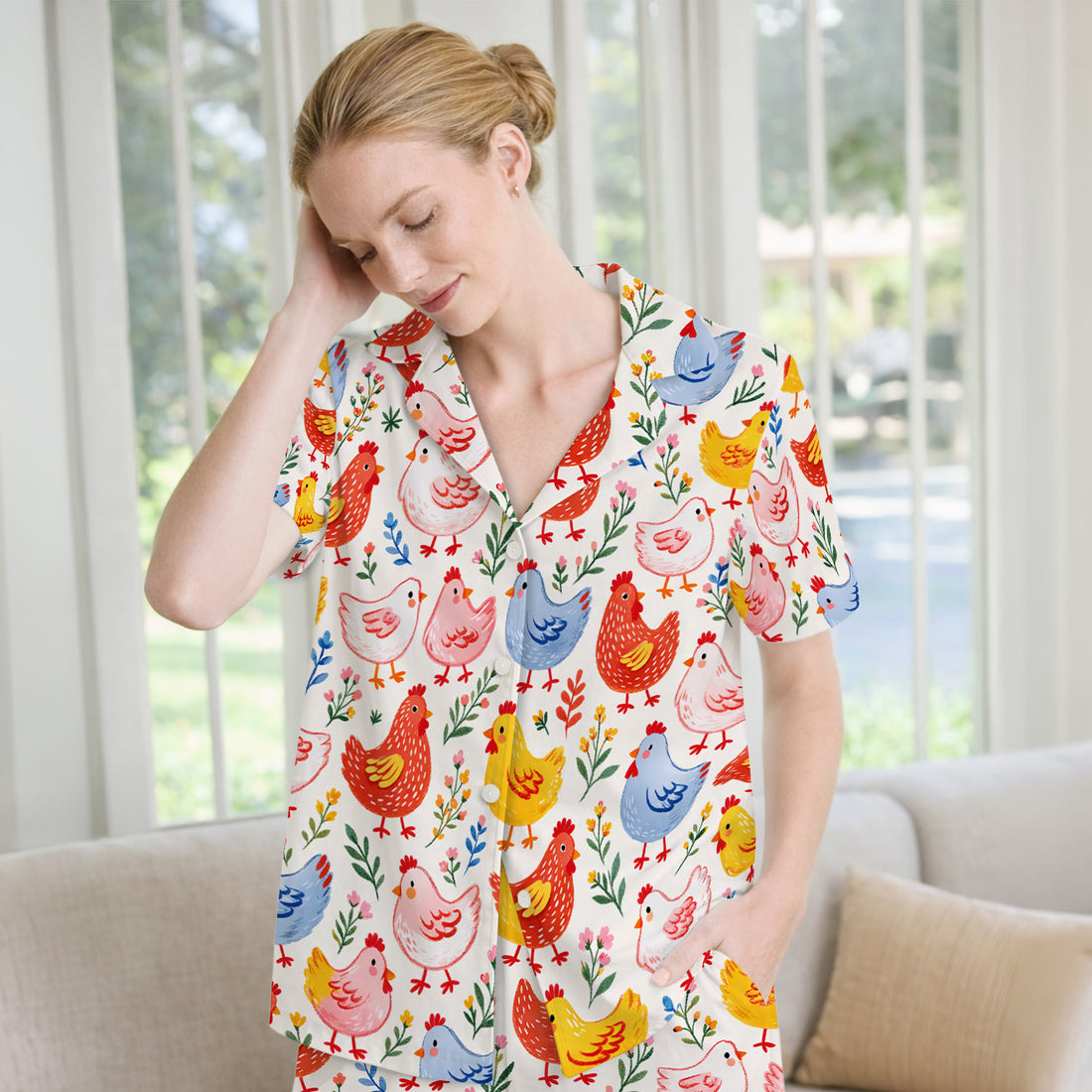 Fun Cartoon Hen Print Pajama Set, Breathable Fabrics Uniform