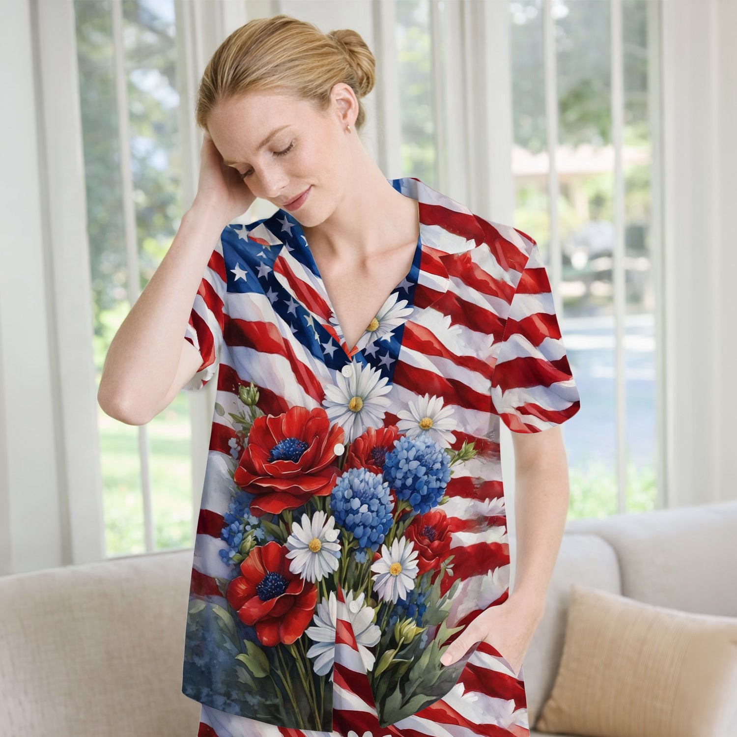 Festive US Flag Floral Bouquet Pattern Pajama Set, Soft Breathable Fabric Comfortable Sleepwear