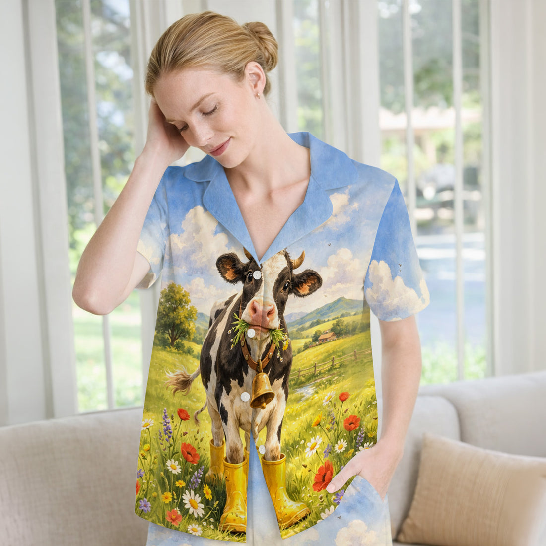 Cute Cow Wearing Boots Meadow Scene Pattern Pajama Set, Soft Breathable Fabric Comfortable Sleepwear