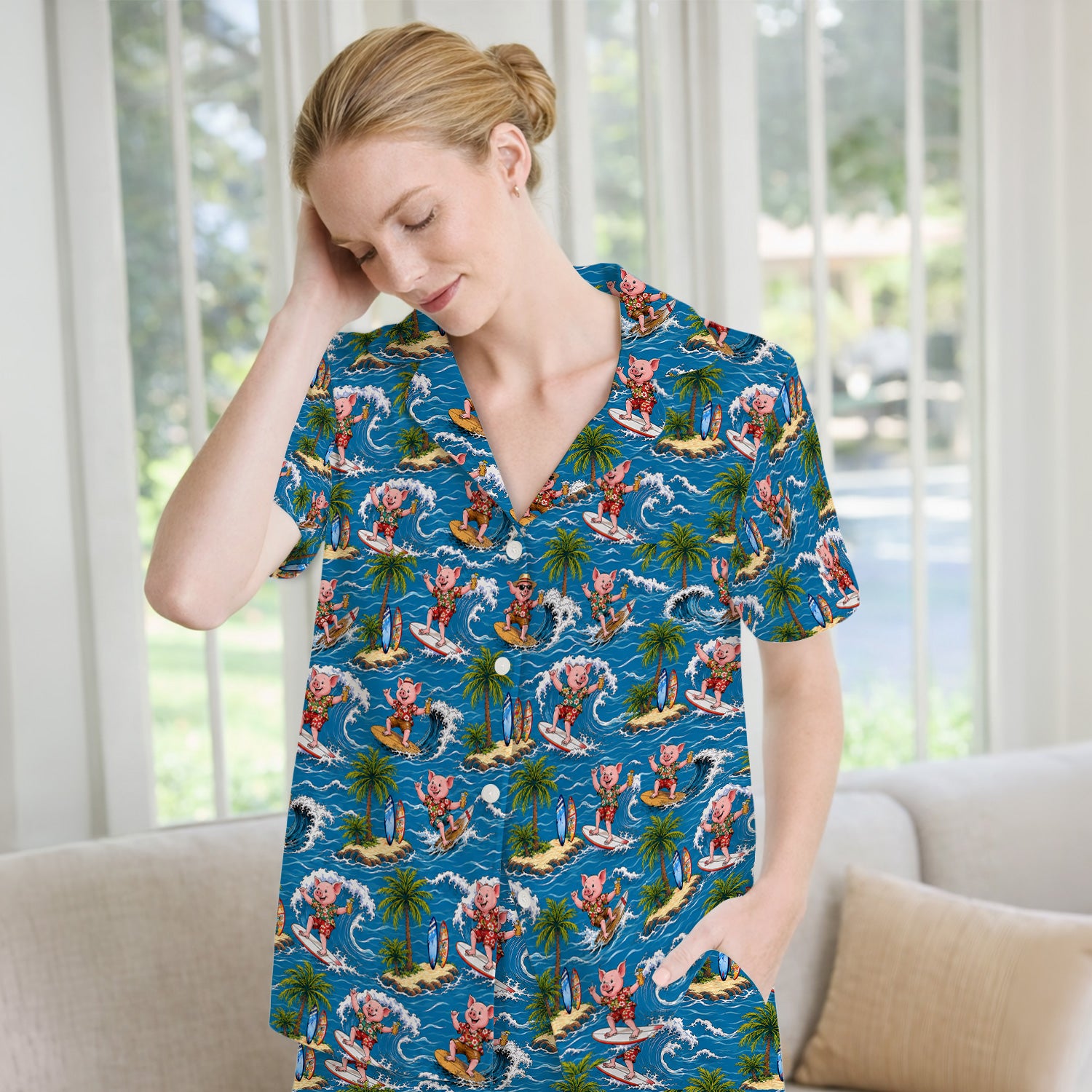 Tropical Surfing Pig Island Pattern Pajama Set, Soft Breathable Fabric Comfortable Sleepwear