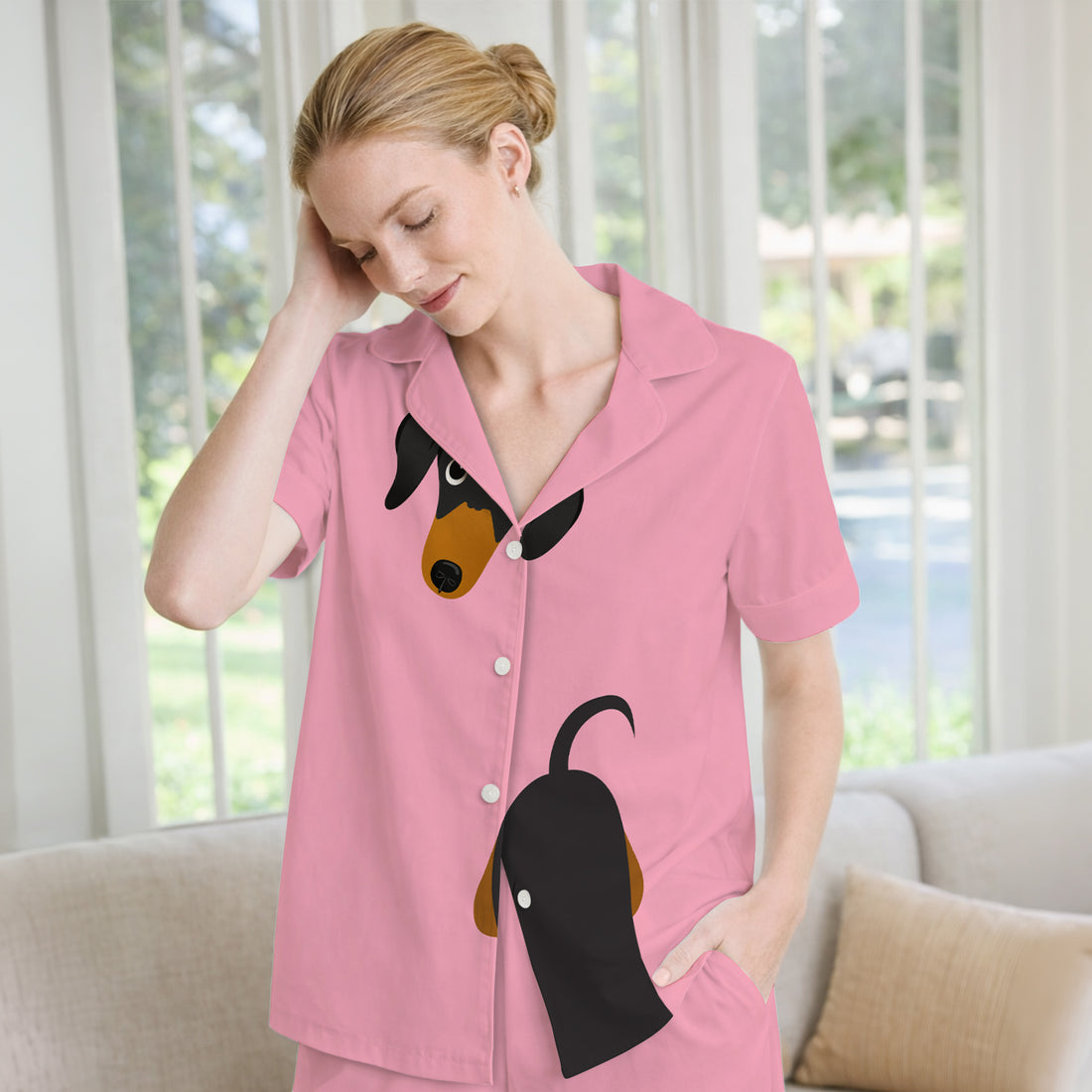 Cute Peekaboo Dachshund Dog Pajama Set, Soft Breathable Fabric Comfortable Sleepwear