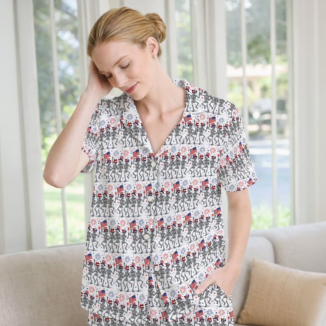 Funny Patriotic Skeleton Pattern, July 4 Medical Pajama Set, Soft Breathable Fabric Comfortable Sleepwear