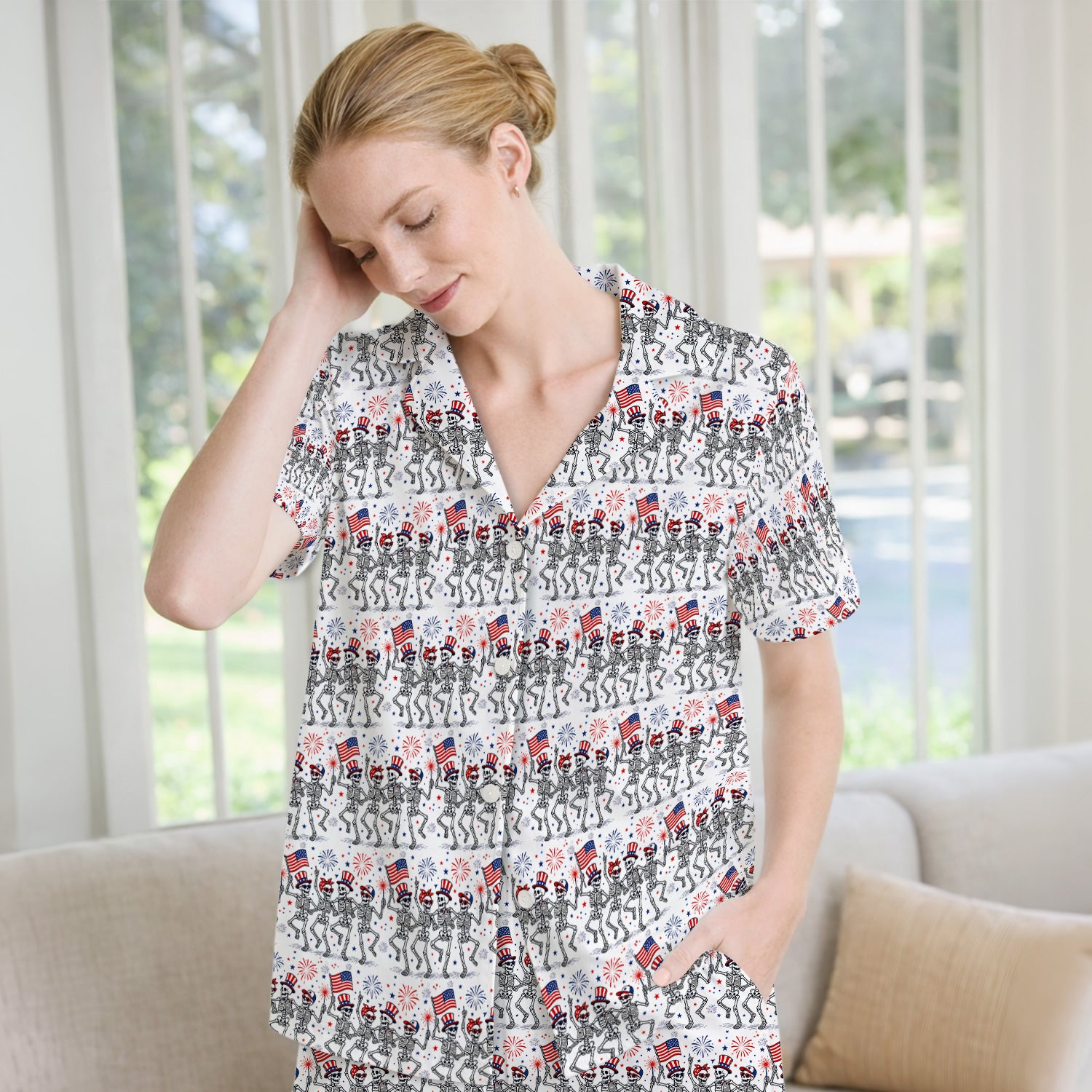 Funny Patriotic Skeleton Pattern, July 4 Medical Pajama Set, Soft Breathable Fabric Comfortable Sleepwear