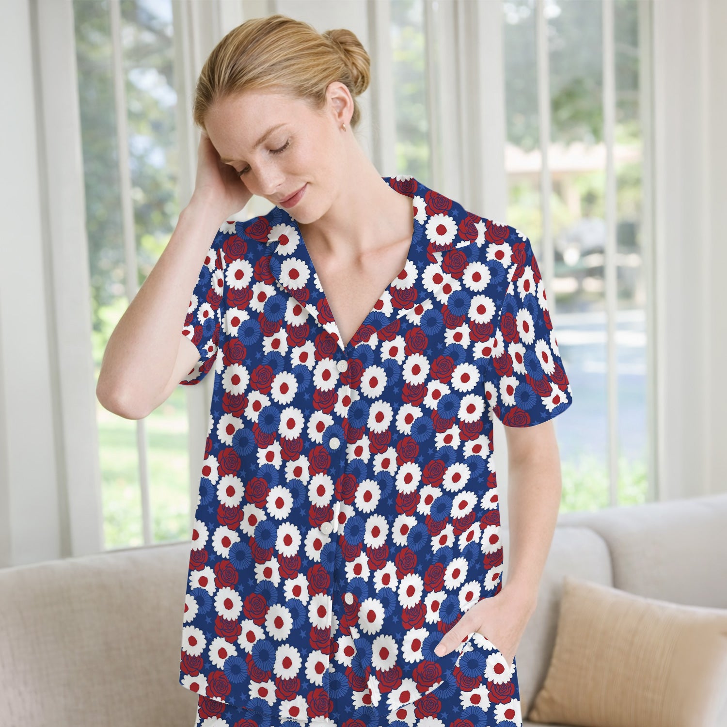 Daisy Rose Floral Pattern Pajama Set, Soft Breathable Fabric Comfortable Sleepwear