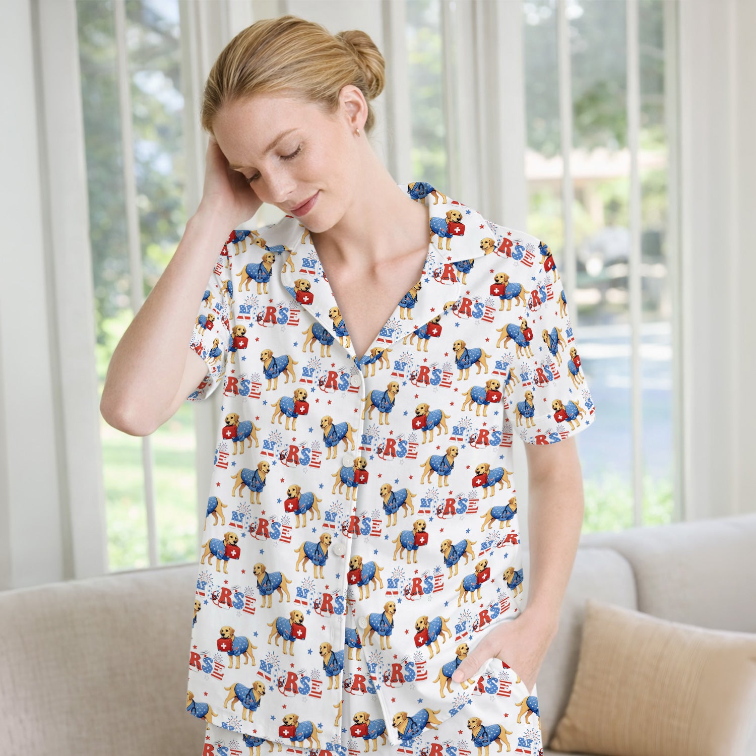 Patriotic Nurse Dog Medical Pattern Pajama Set, Breathable Fabrics Uniform