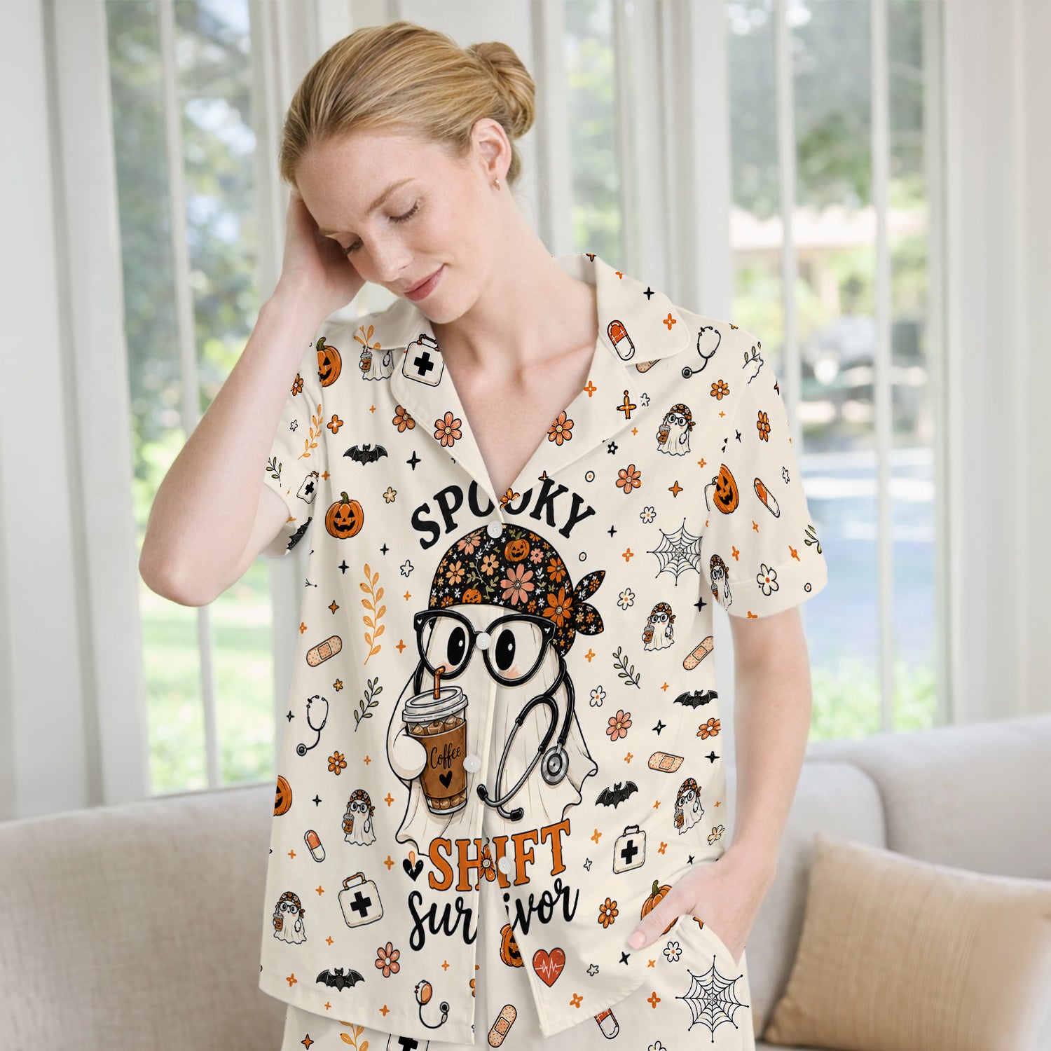 Halloween Shift Survivor Ghost Pajama Set, Soft Breathable Fabric Comfortable Sleepwear