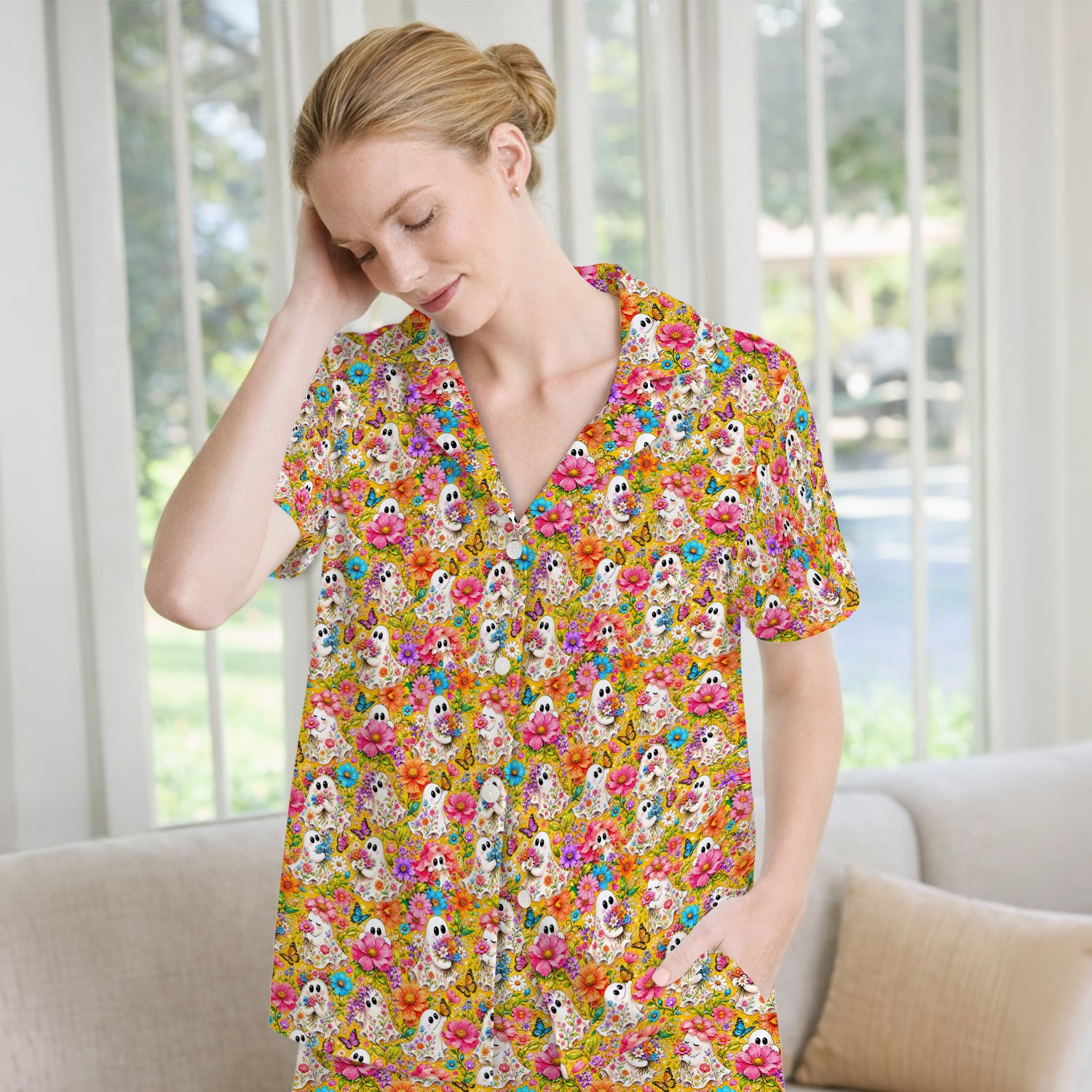 Cute Floral Ghosts And Butterflies Pajama Set, Soft Breathable Fabric Comfortable Sleepwear