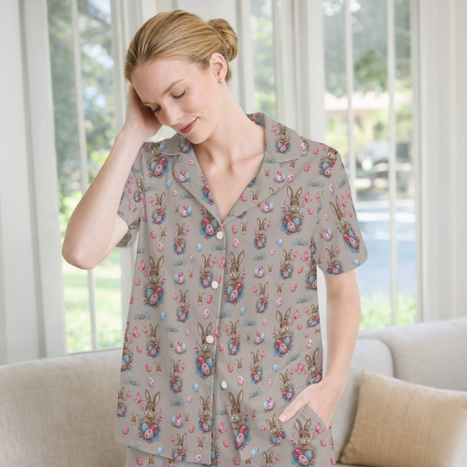 Pastel Easter Bunny Nest Pattern Pajama Set, Breathable Fabrics Uniform