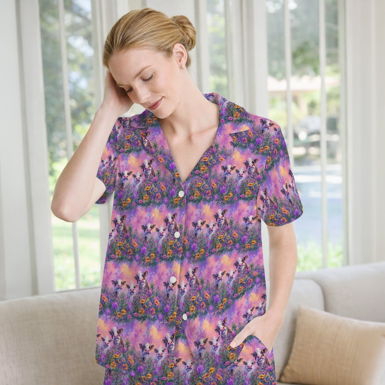 Pastel Cow Meadow Flower Pattern Pajama Set, Soft Breathable Fabric Comfortable Sleepwear