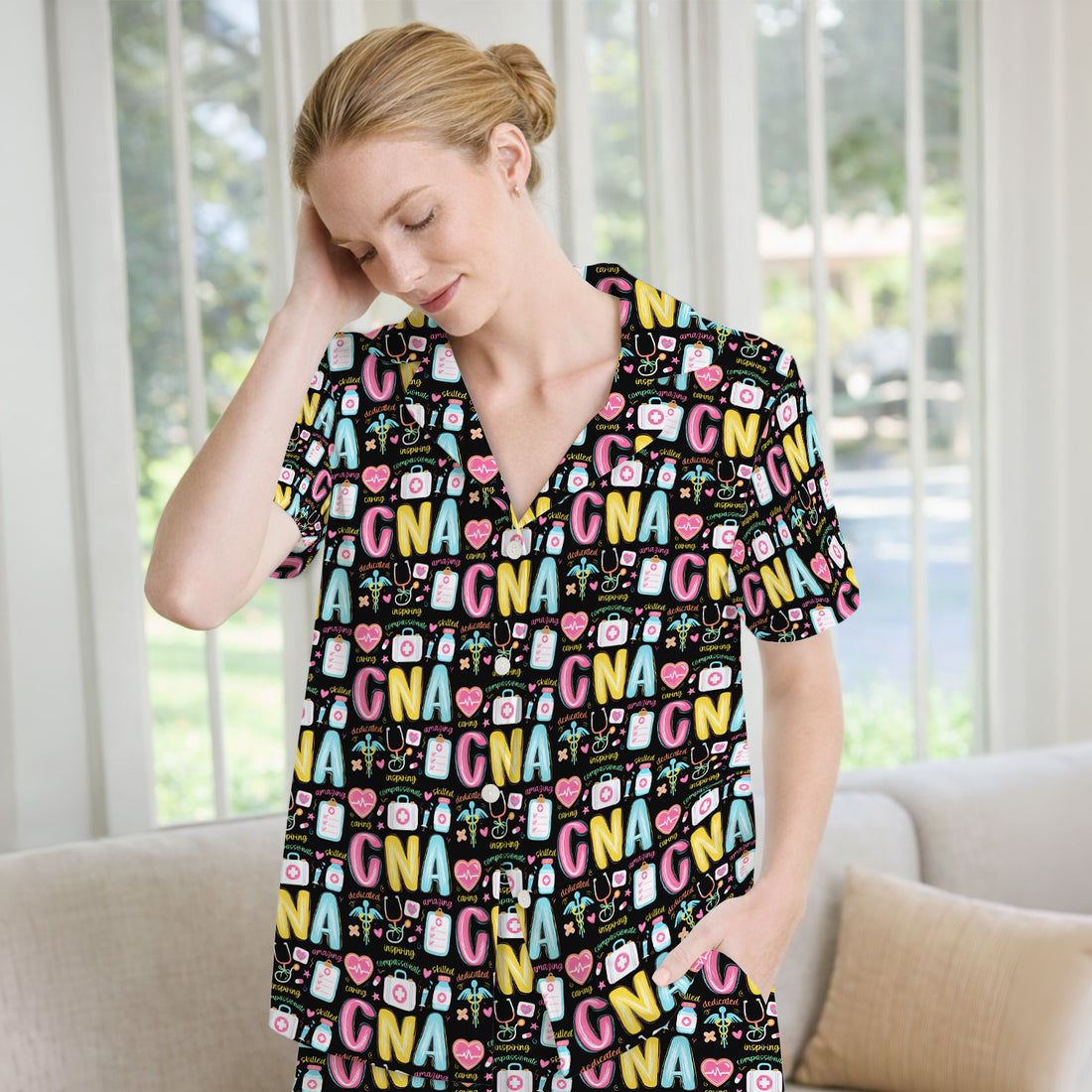 CNA Nurse Appreciation Pattern Pajama Set, Breathable Fabrics Uniform