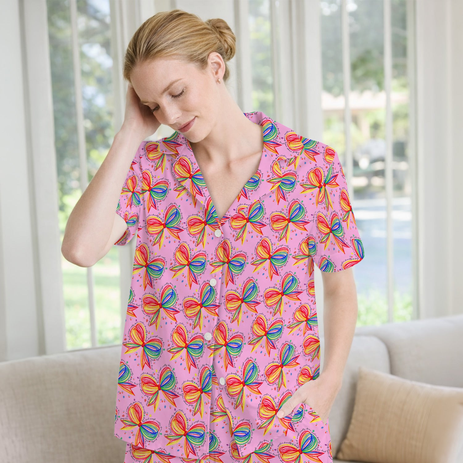 Colorful Rainbow Bow Pattern Pajama Set, Breathable Fabrics Uniform