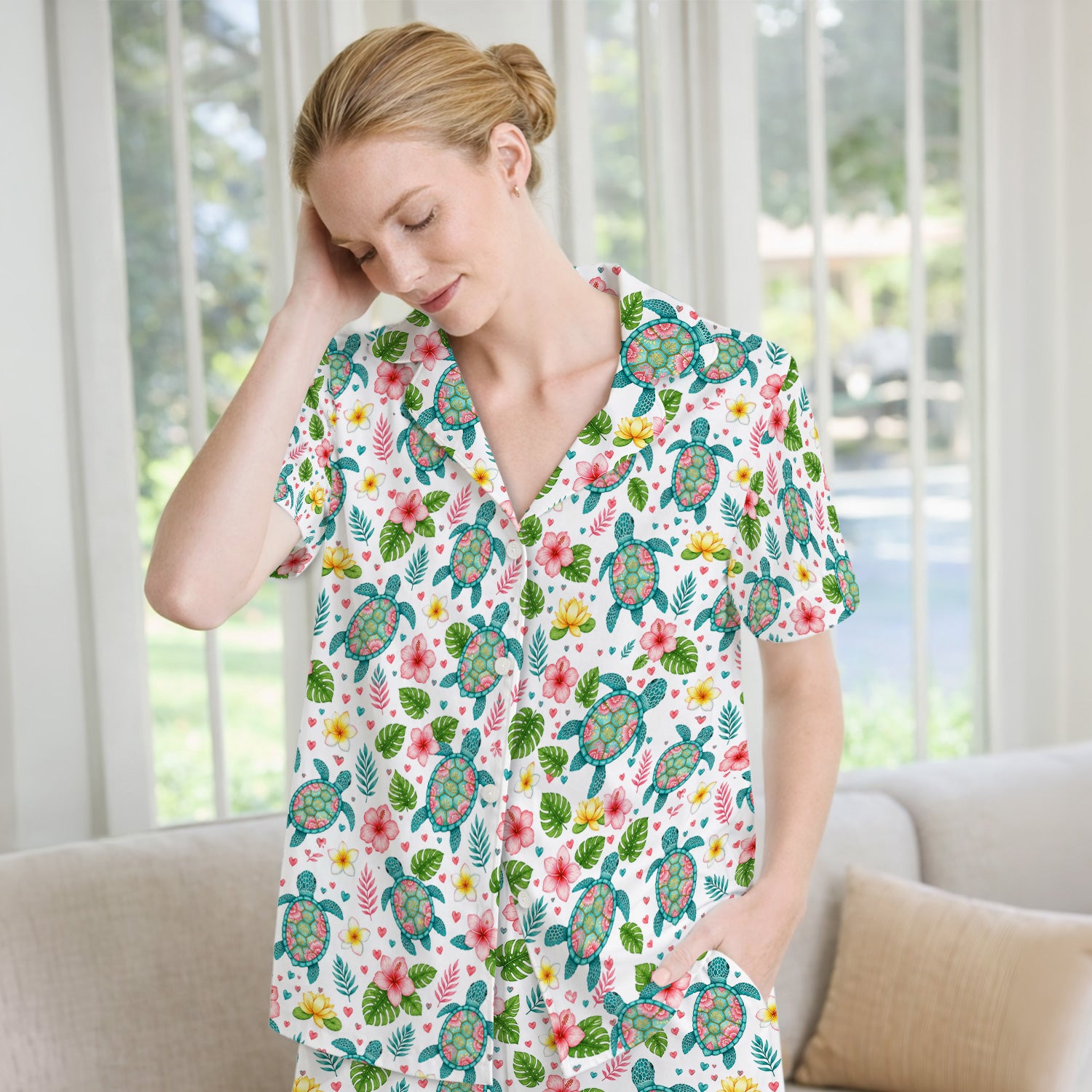 Tropical Sea Turtle Floral Pattern Pajama Set, Soft Breathable Fabric Comfortable Sleepwear