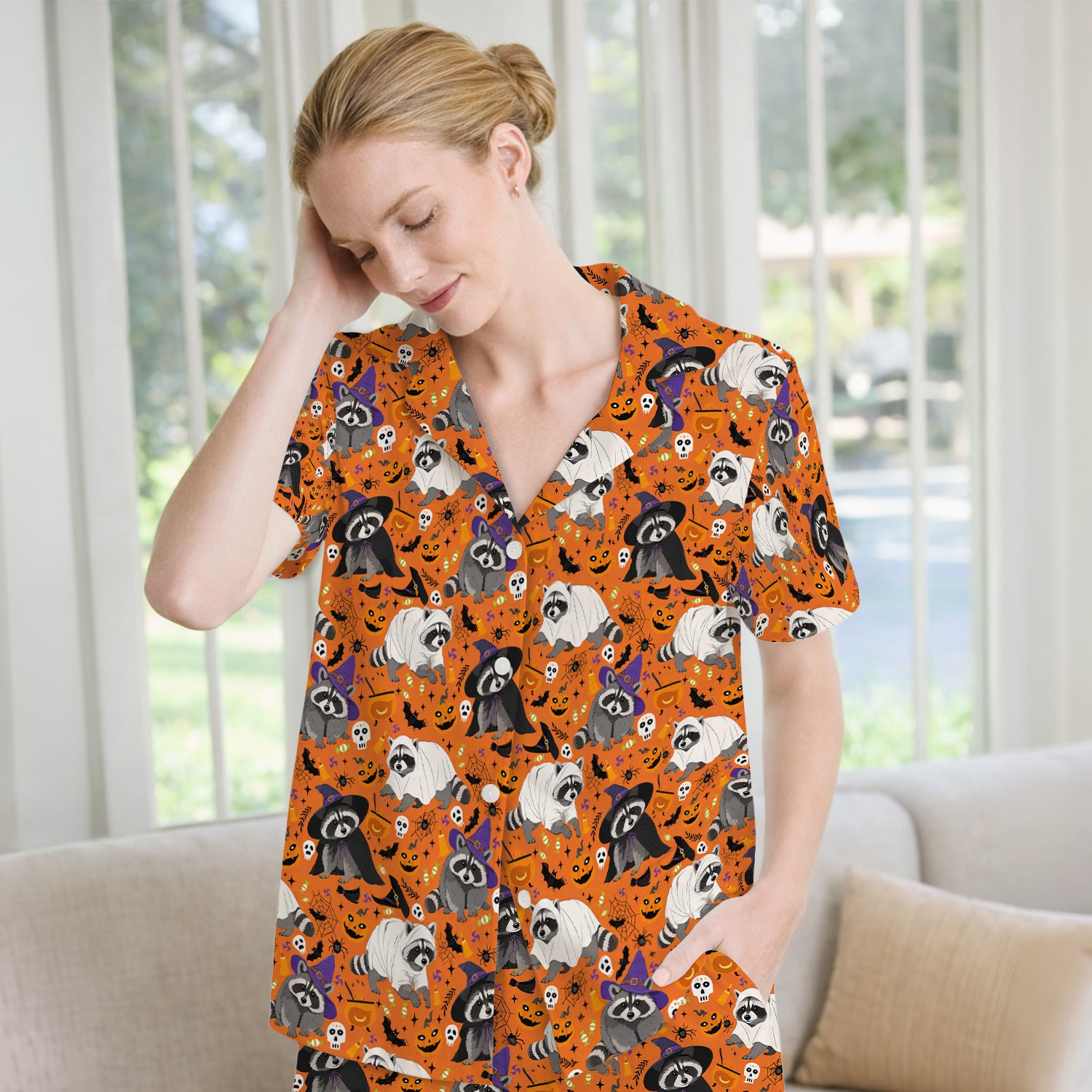 Cute Halloween Raccoon Costumes Print Pajama Set, Soft Breathable Fabric Comfortable Sleepwear