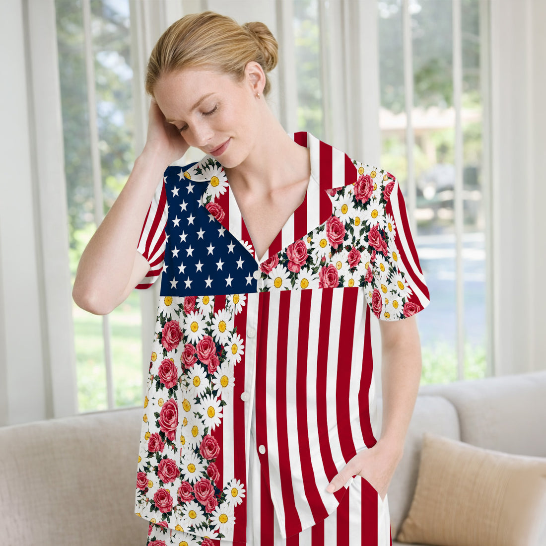 Floral American Flag Nurse Scrub Top for RN, CNA, Healthcare Workers, Patriotic Uniform Pajama Set, Soft Breathable Fabric Comfortable Sleepwear