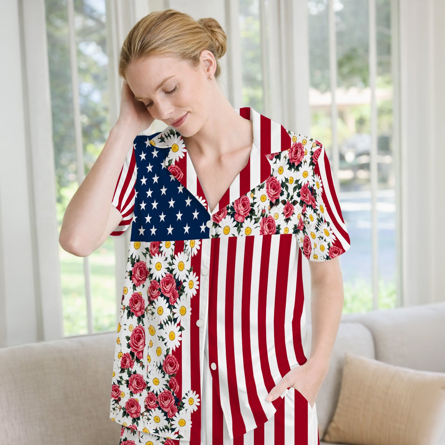 Floral American Flag Nurse Scrub Top for RN, CNA, Healthcare Workers, Patriotic Uniform Pajama Set, Soft Breathable Fabric Comfortable Sleepwear