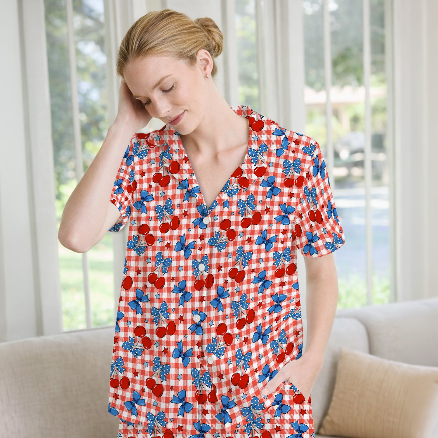 Cute Patriotic Cherry Bow Checkered Pattern Pajama Set, Soft Breathable Fabric Comfortable Sleepwear