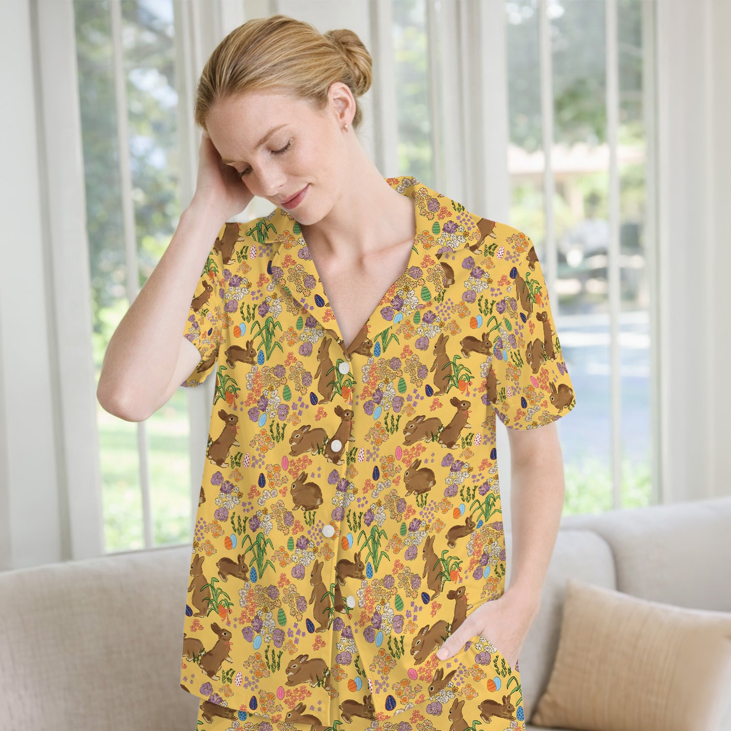 Cute Easter Bunny Pattern Pajama Set, Soft Breathable Fabric Comfortable Sleepwear
