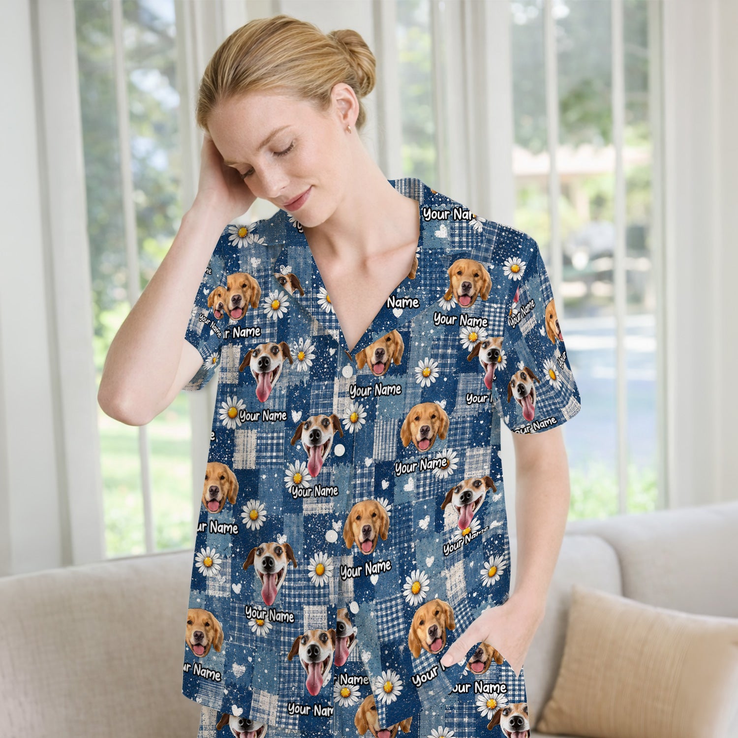 Personalized Cute Dog Portrait On Blue Patchwork Daisy Pattern Pajama Set, Soft Breathable Fabric Comfortable Sleepwear