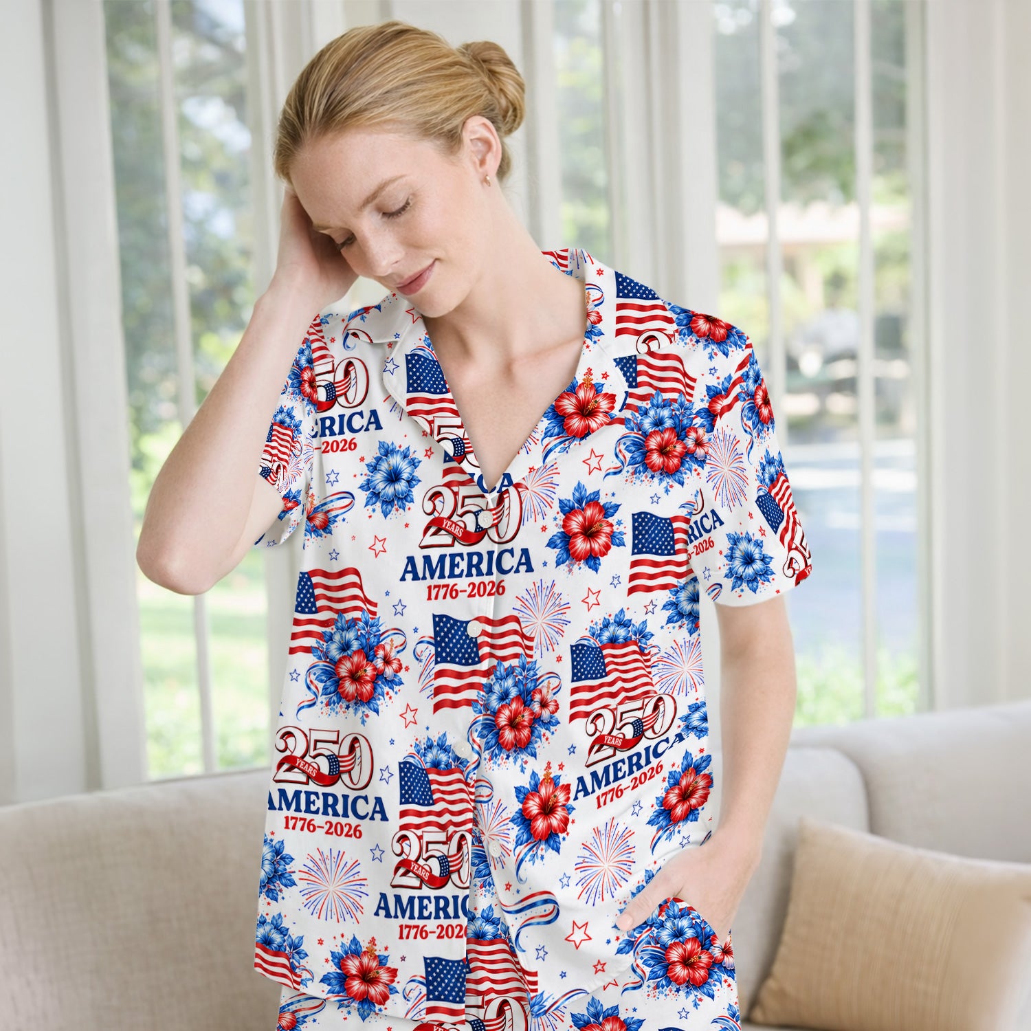 America 250 with Flag Firework Pattern Pajama Set, Soft Breathable Fabric Comfortable Sleepwear