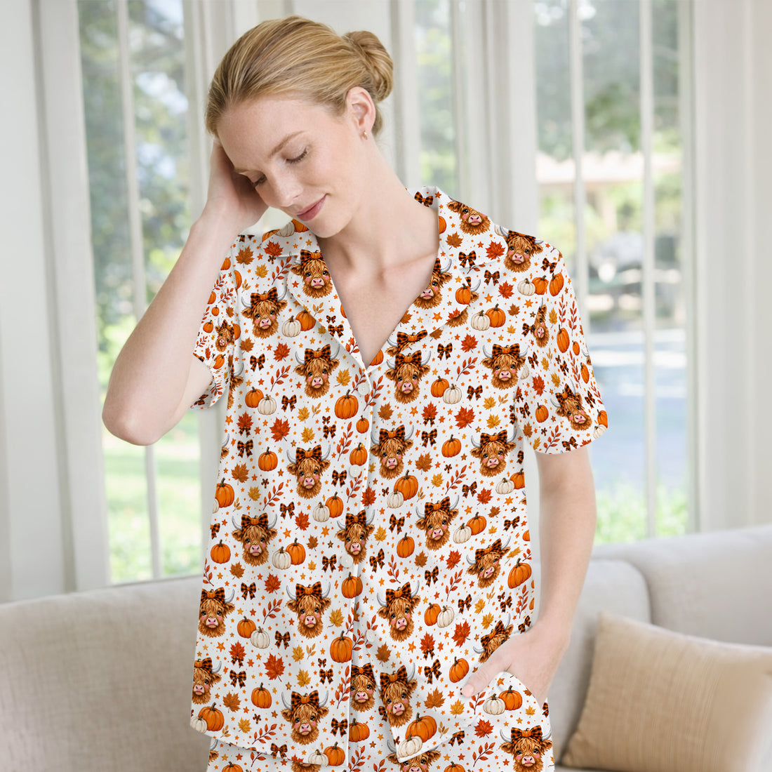 Cute Fall Highland Cow Pajama Set, Soft Breathable Fabric Comfortable Sleepwear