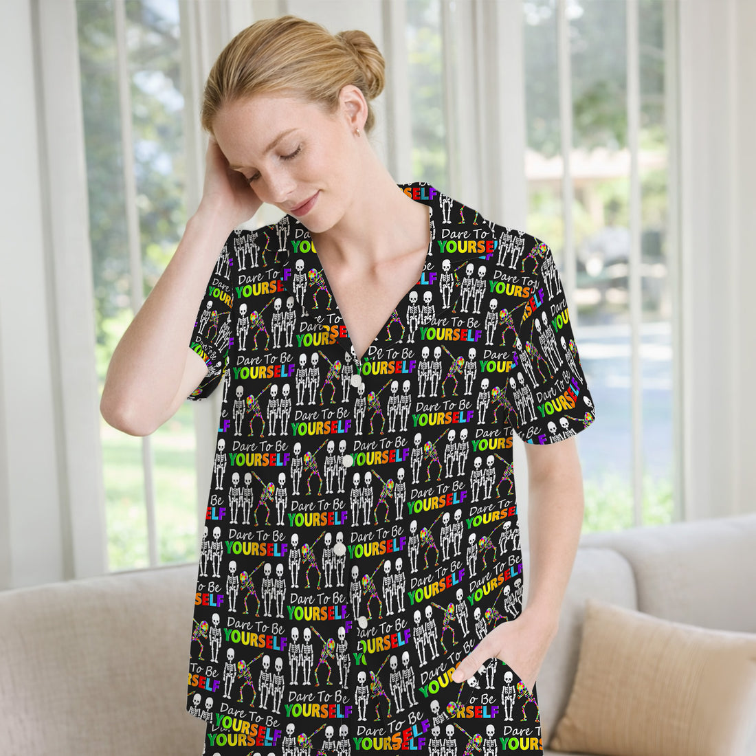 Rainbow Skeleton Dare To Be Yourself Pattern Pajama Set, Breathable Fabrics Uniform
