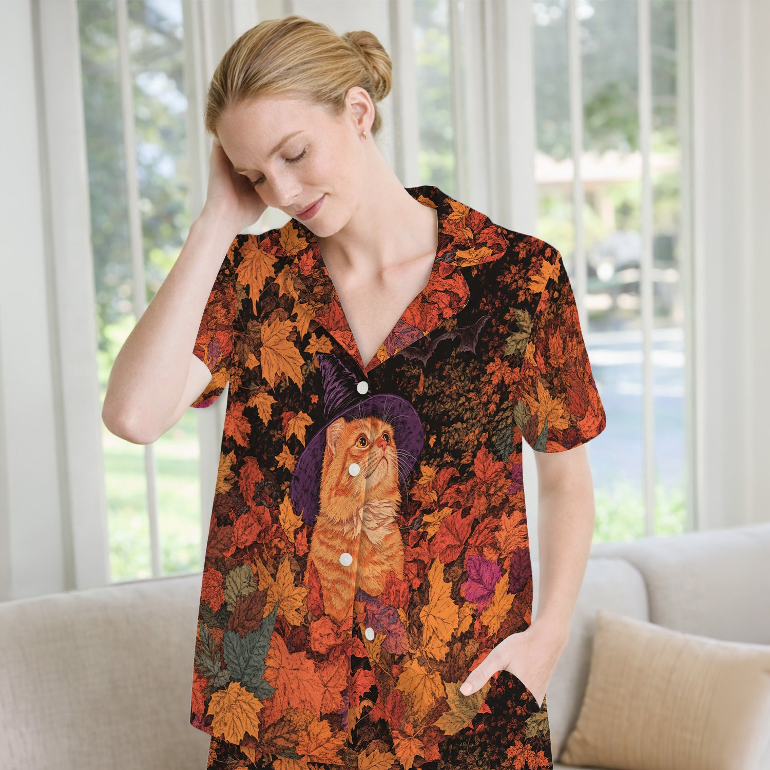 Autumn Cat with Fall Leaves Pajama Set, Soft Breathable Fabric Comfortable Sleepwear