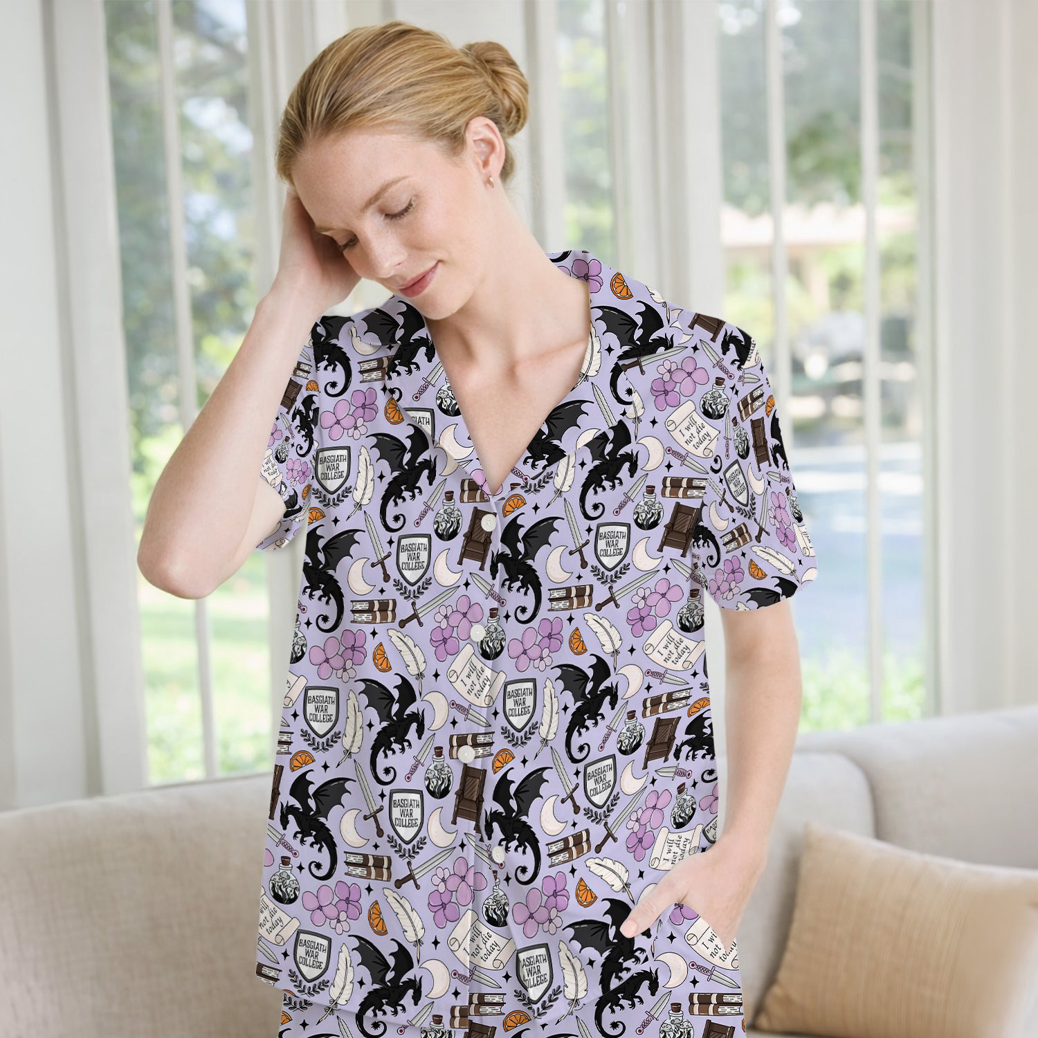 Spooky Gothic Fantasy Dragon Pattern Pajama Set, Breathable Fabrics Uniform