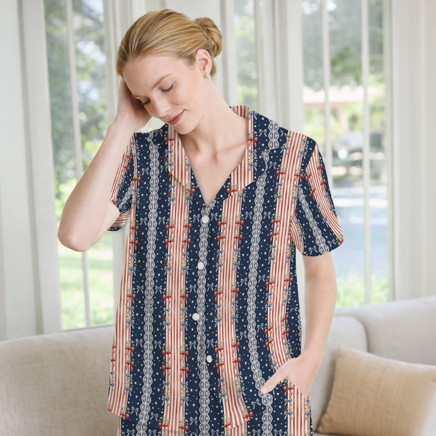 Patriotic Bow Lace Stripe Pattern Pajama Set, Soft Breathable Fabric Comfortable Sleepwear