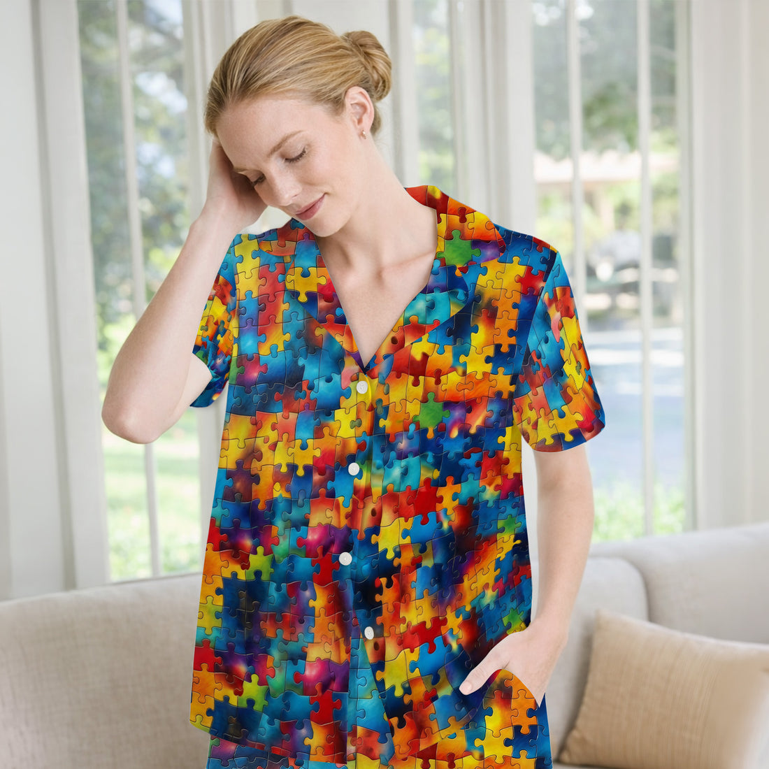 Bright Rainbow Puzzle Piece Art Pajama Set, Soft Breathable Fabric Comfortable Sleepwear