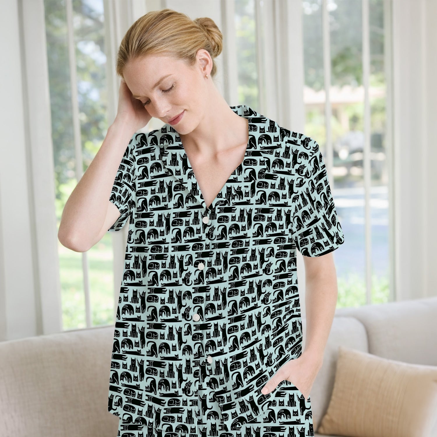 Cute Funny Cat Poses Print Pajama Set, Breathable Fabrics Uniform