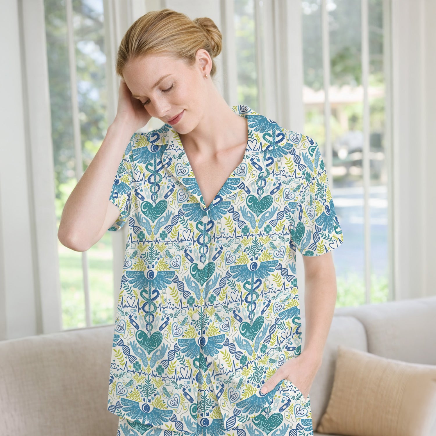 Inspirational Botanical Medical Caduceus Heart Nurse Pattern Pajama Set, Breathable Fabrics Uniform