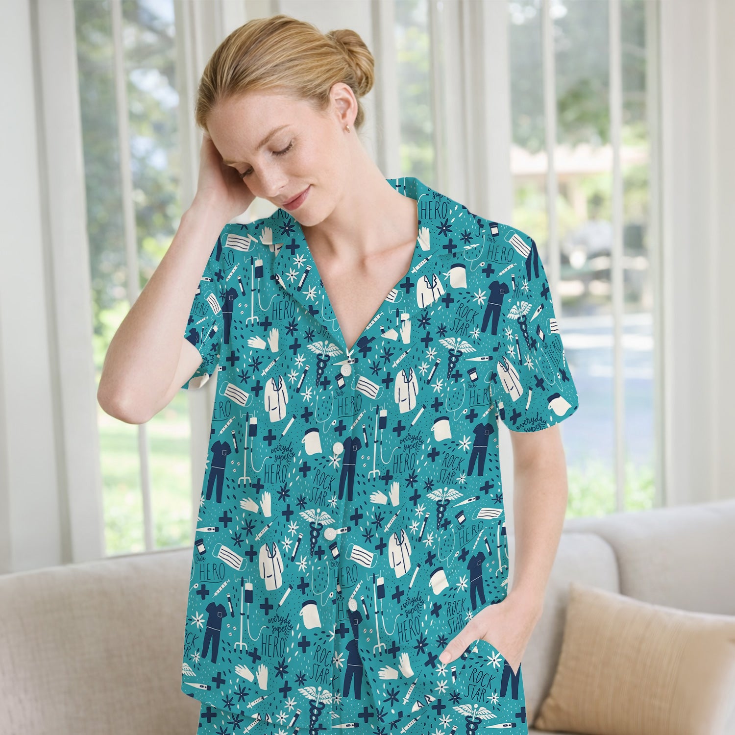 Inspirational Nurse Quote Care Message Pattern Pajama Set, Breathable Fabrics Uniform