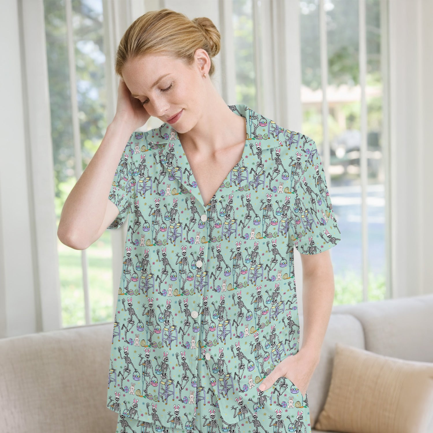 Fun Skeleton Bunny Easter Print Pajama Set, Breathable Fabrics Uniform