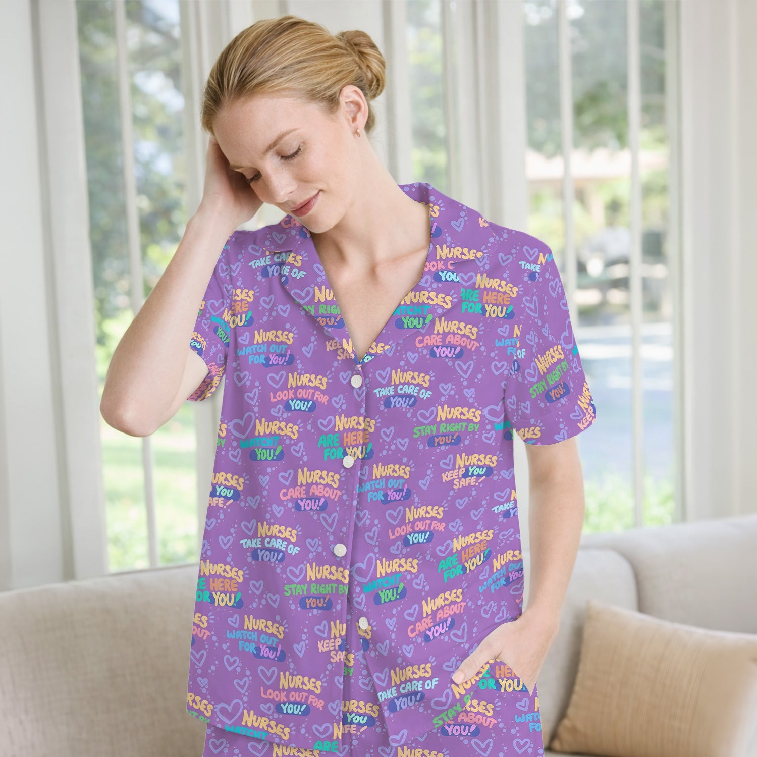 Inspirational Nurse Quote Care Message Pattern Pajama Set, Breathable Fabrics Uniform