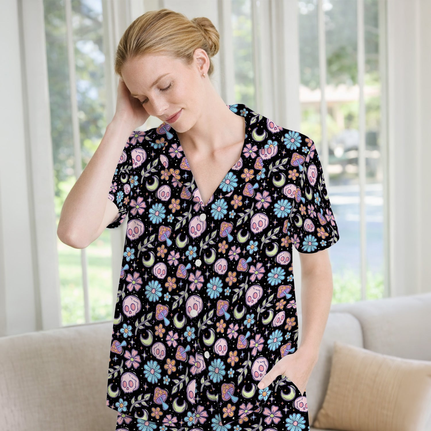 Neon Skull Mushroom Floral Pajama Set, Colorful Gothic Fabrics Uniform