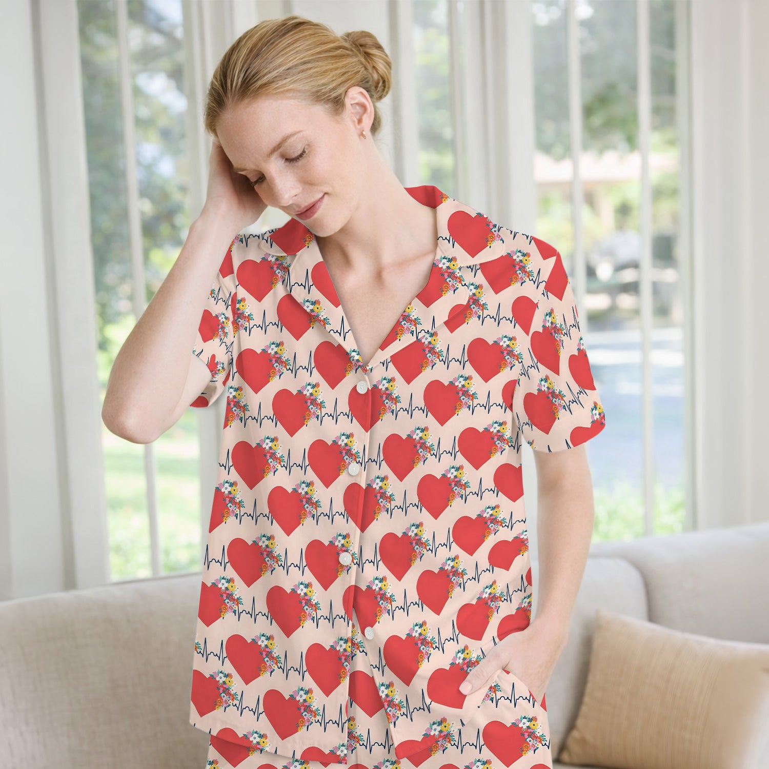 Nurse Heartbeat Floral Pattern Pajama Set, Soft Breathable Fabric Comfortable Sleepwear