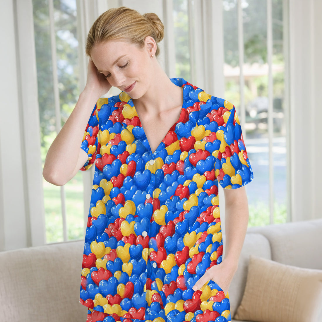 Colorful Autism Heart Pattern Pajama Set, Soft Breathable Fabric Comfortable Sleepwear
