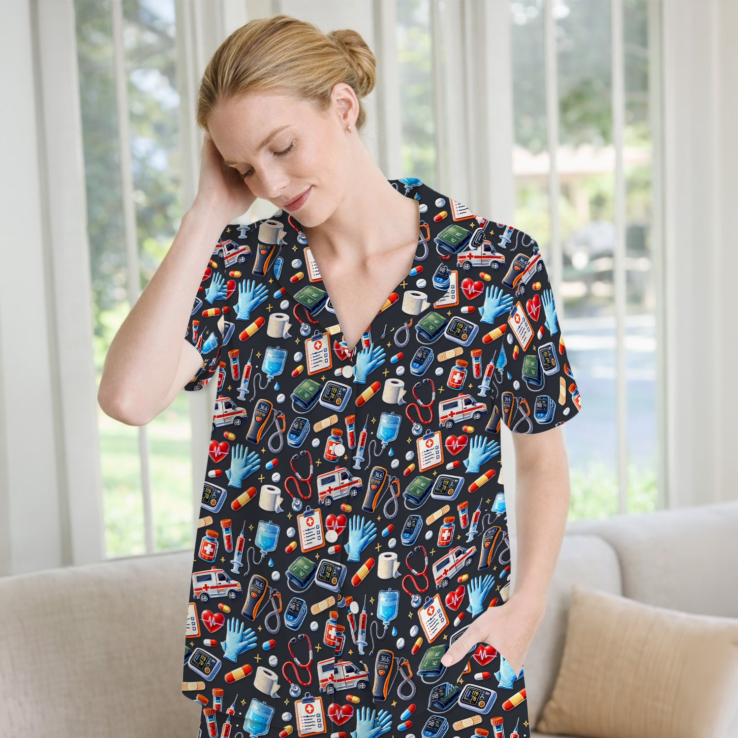Medical Tools Pattern Ambulance Stethoscope Pajama Set, Breathable Fabrics Uniform