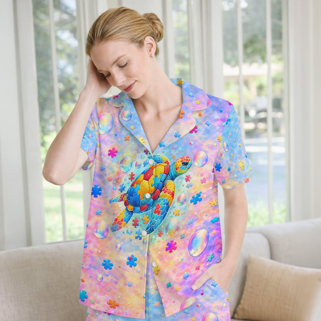 Autism Puzzle Sea Turtle Pastel Rainbow Print Pajama Set, Soft Breathable Fabric Comfortable Sleepwear