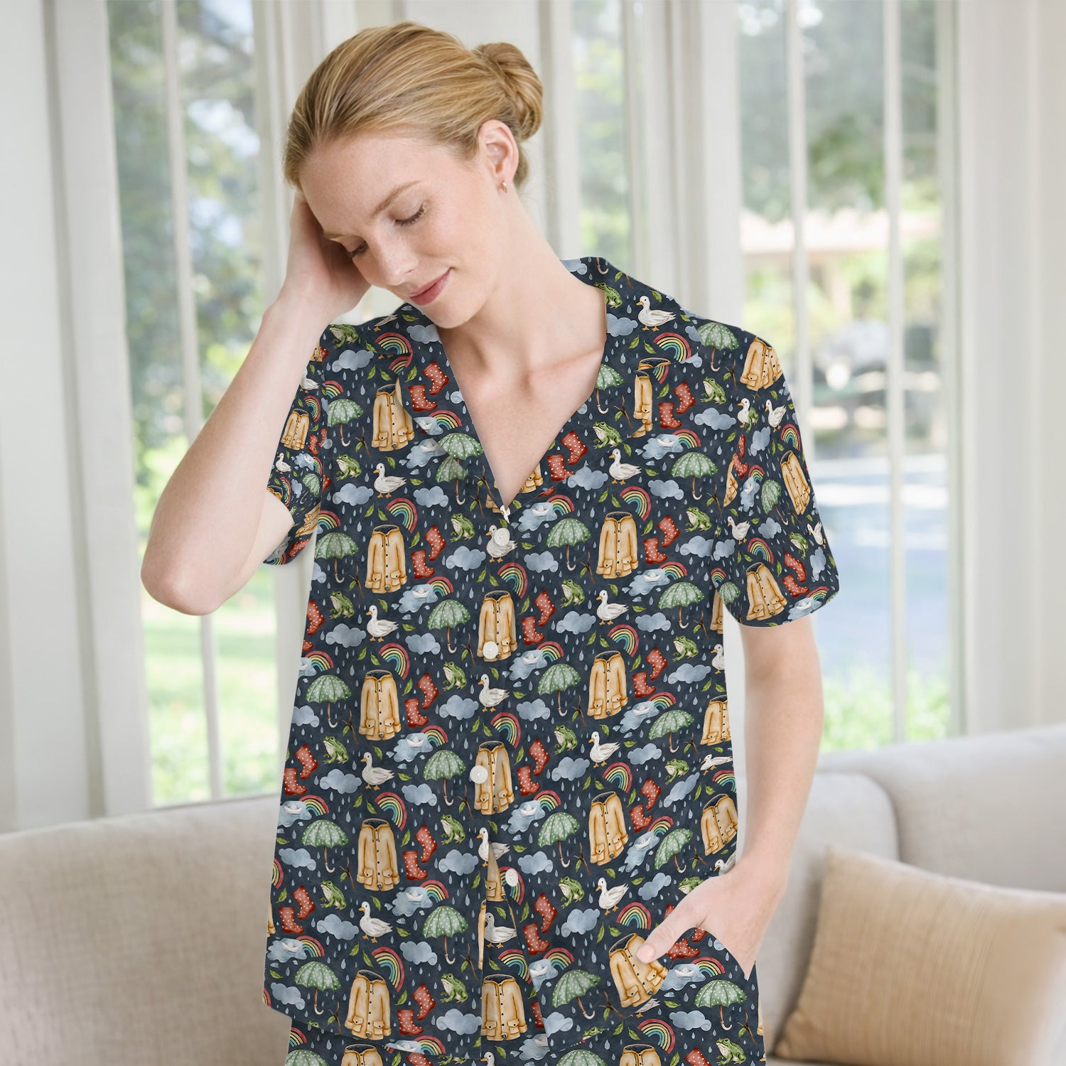 Cute Rainy Day Ducks & Frog Rainbow Pattern Pajama Set, Soft Breathable Fabric Comfortable Sleepwear