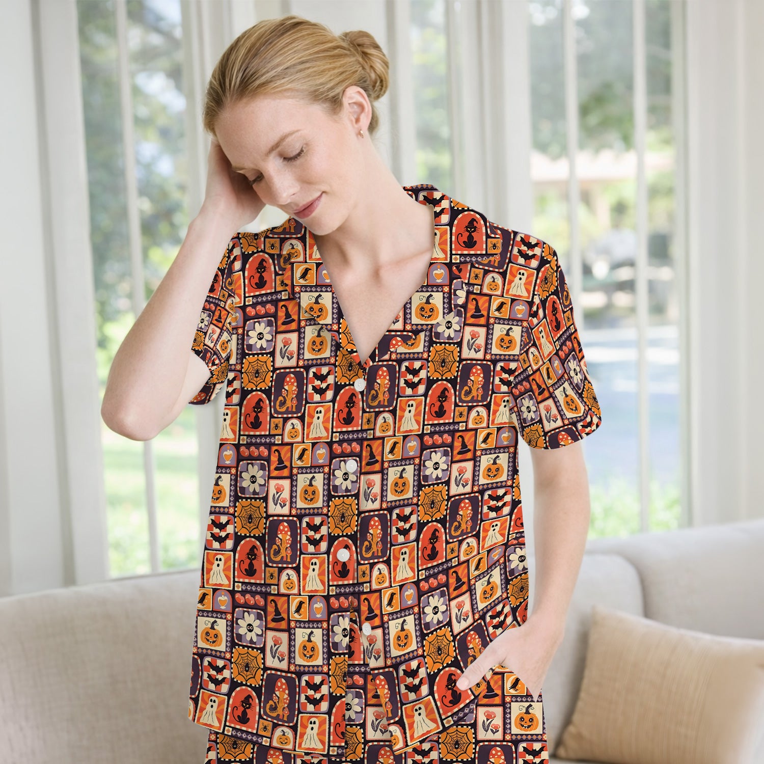 Retro Halloween Patchwork Icons Pajama Set, Soft Breathable Fabric Comfortable Sleepwear