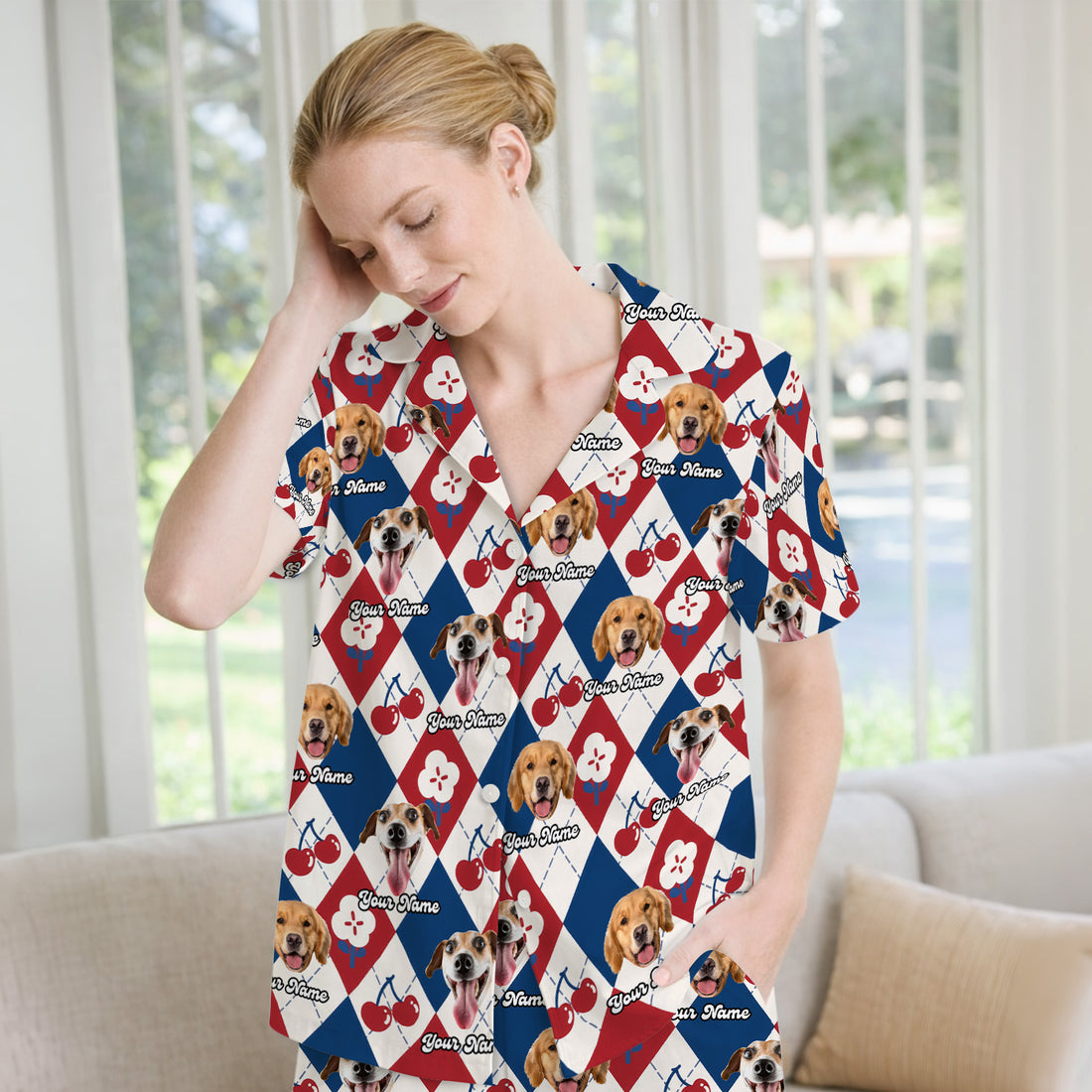 Custom Dog Face Pajama Set, Playful Dog Cherry Argyle Pattern, Soft Breathable Fabric Comfortable Sleepwear